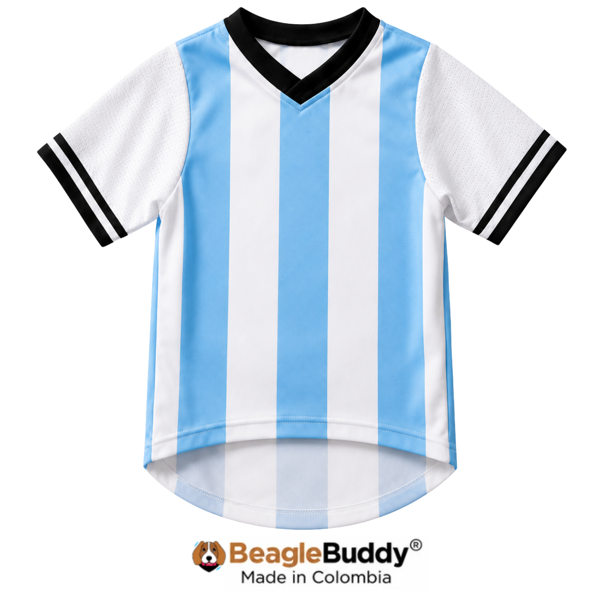 Camiseta para perro BeagleBuddy® diseño Selección Argentina en poliéster suave y transpirable vista frontal.