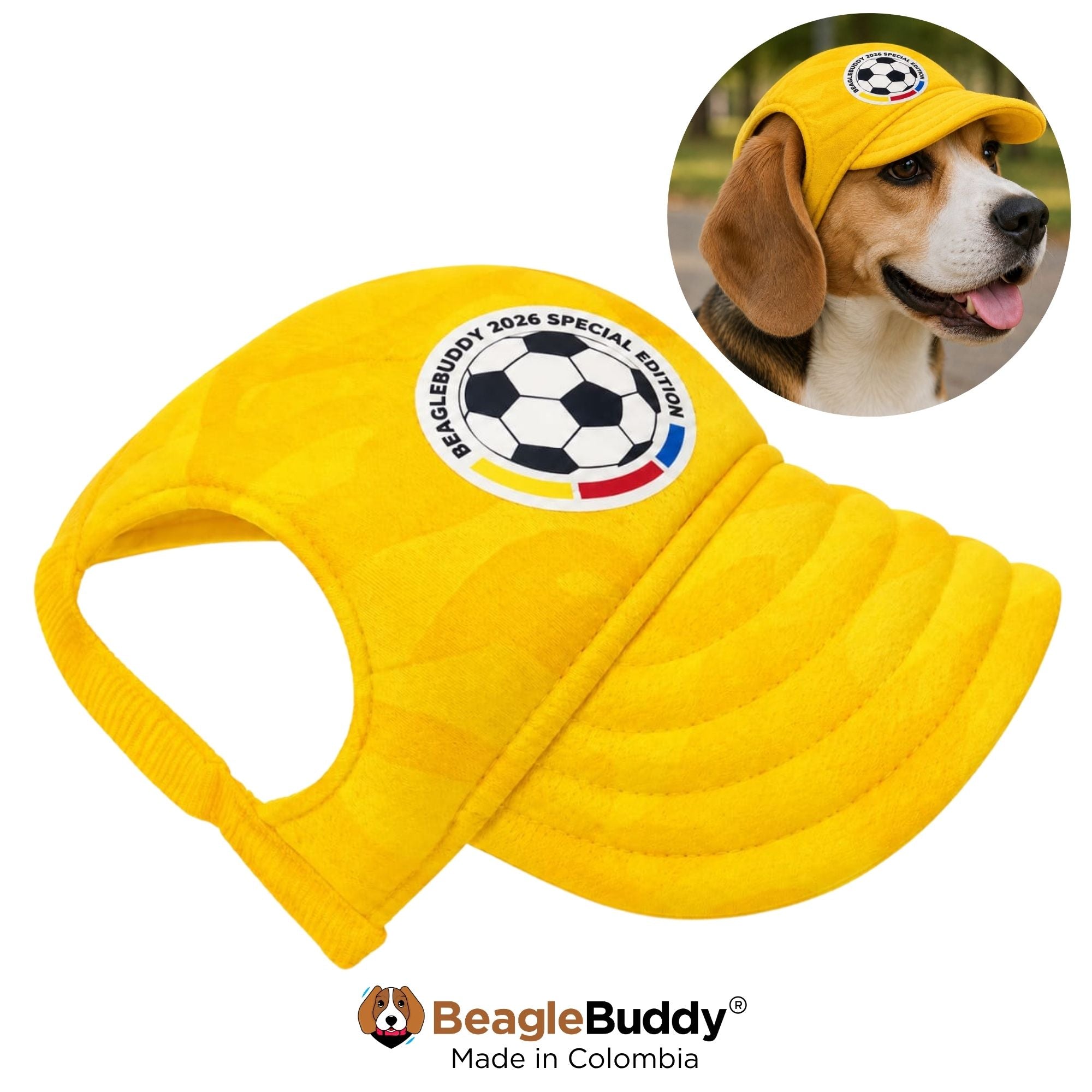 Perro usando gorra para perro BeagleBuddy® diseño Selección Colombia amarilla.