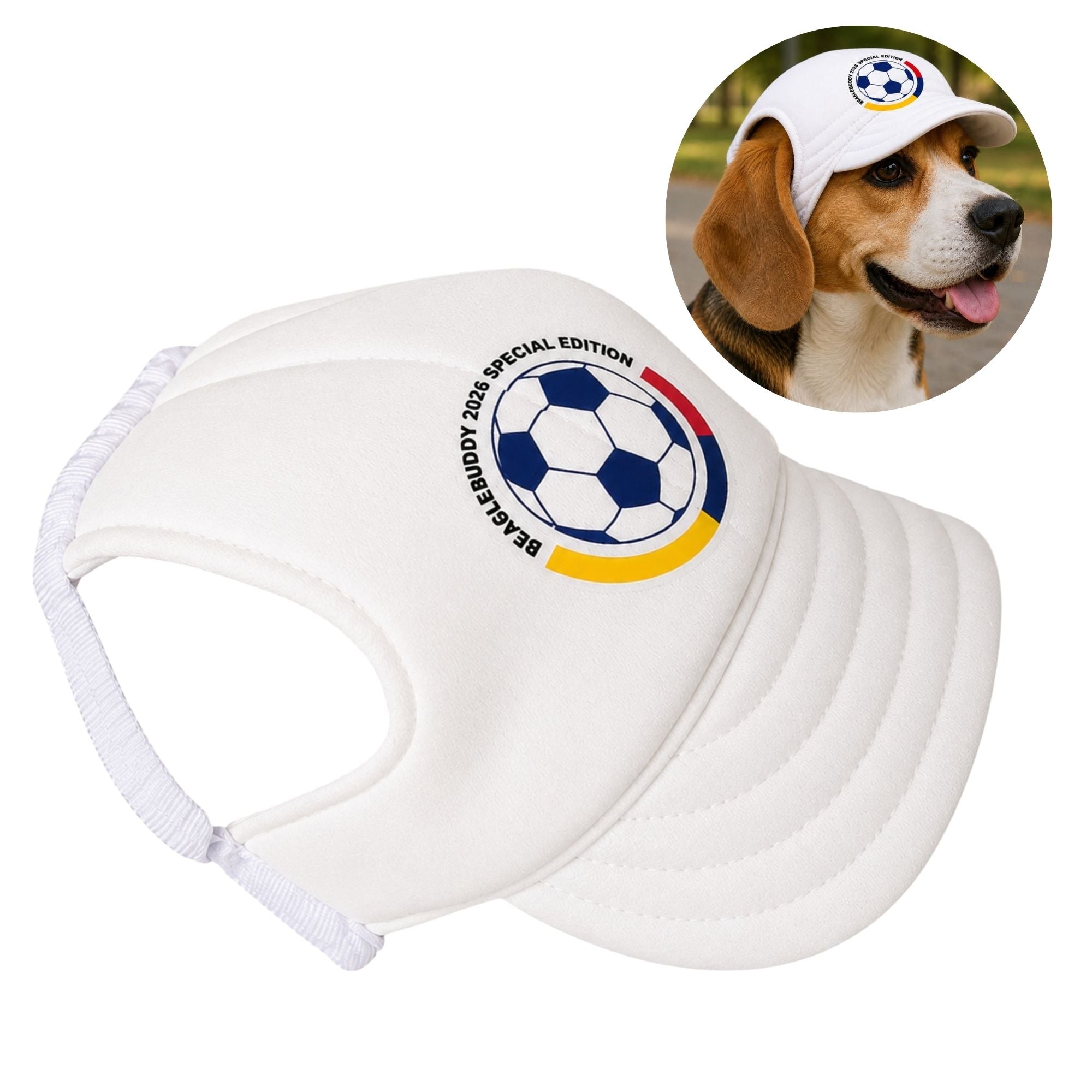 Perro usando gorra para perro BeagleBuddy® diseño Selección Colombia clásica.