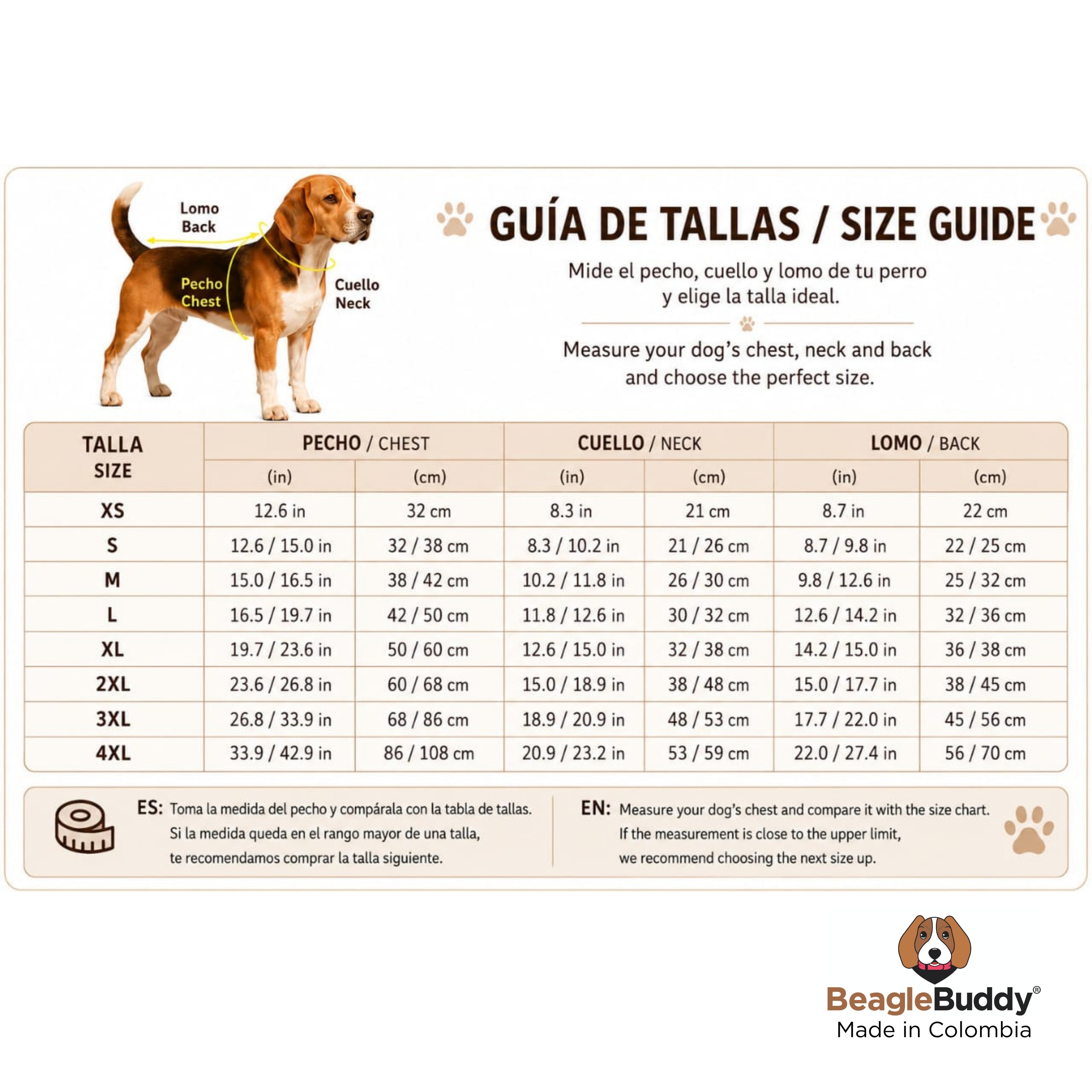 Guía de tallas para camisetas y polos para perros BeagleBuddy®.