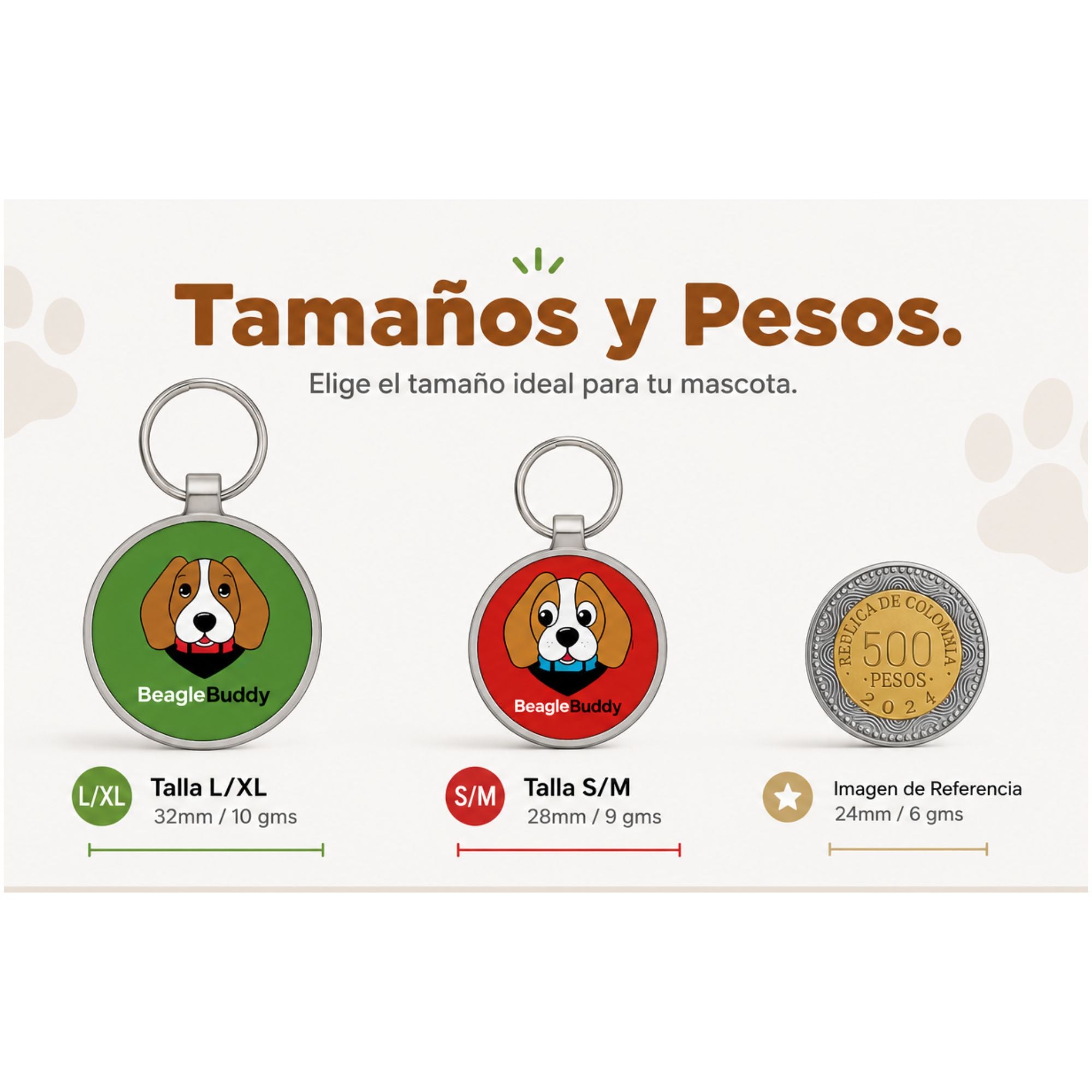 Guía de tallas para placas de identificación con código QR BeagleBuddy®.