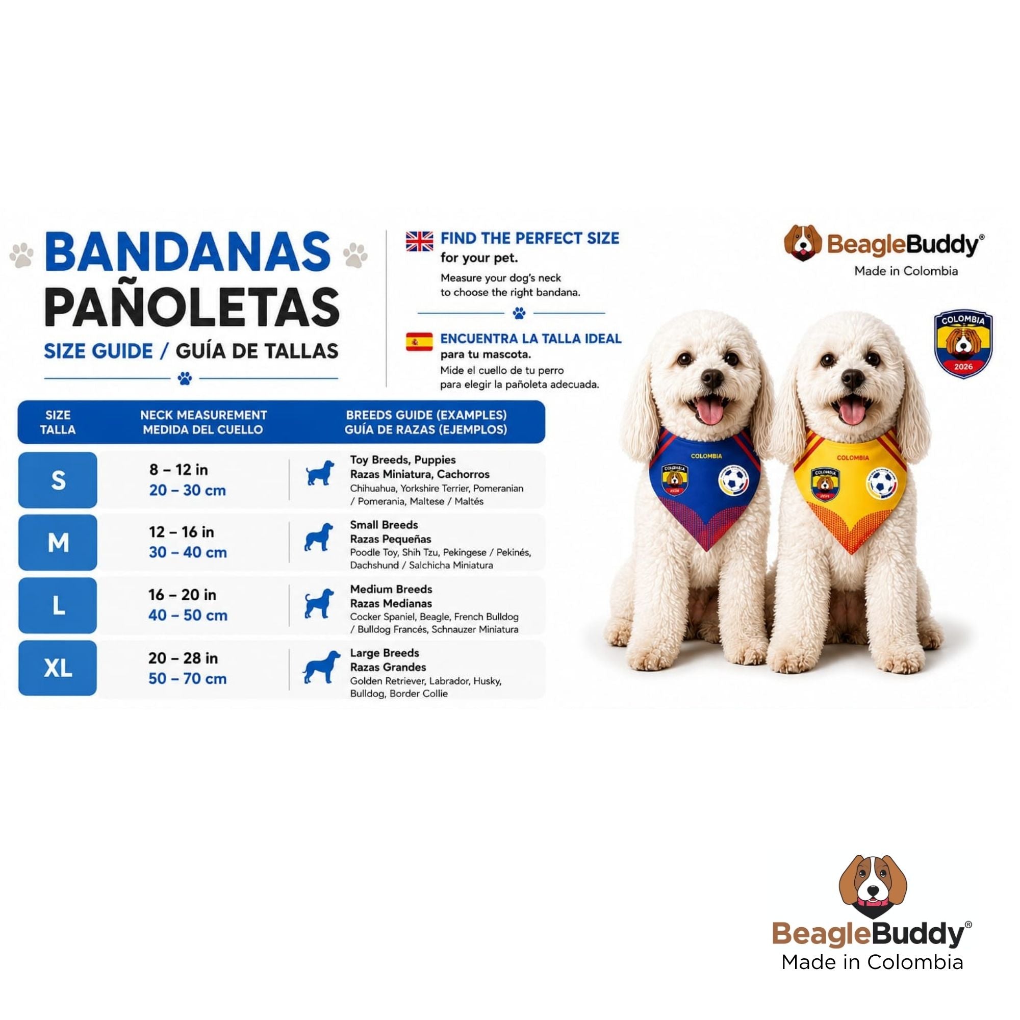 Guía de tallas de pañoletas para perros BeagleBuddy®.