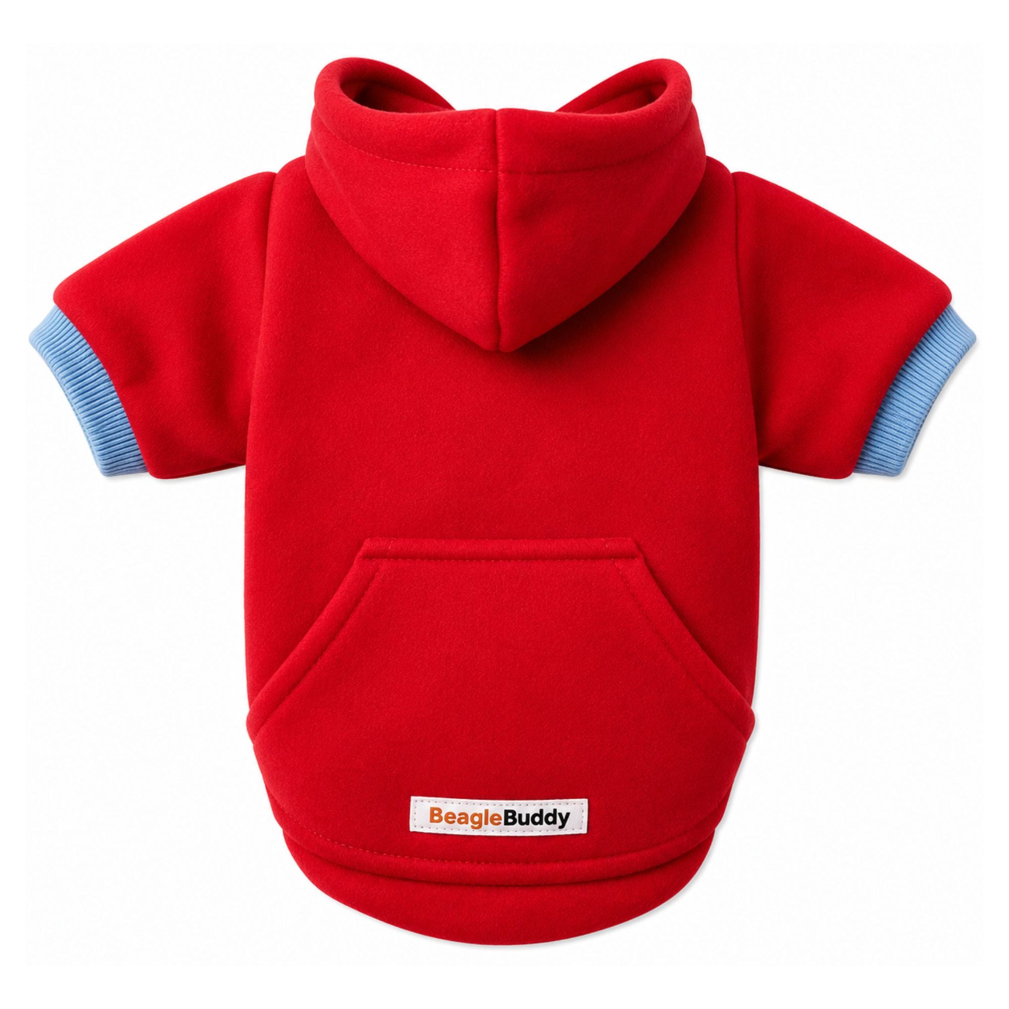 Buzo con capucha para perros BeagleBuddy® color rojo vista posterior.