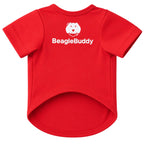 Camiseta estampada para perros BeagleBuddy® color rojo con mensaje "vivo gratis" vista frontal.
