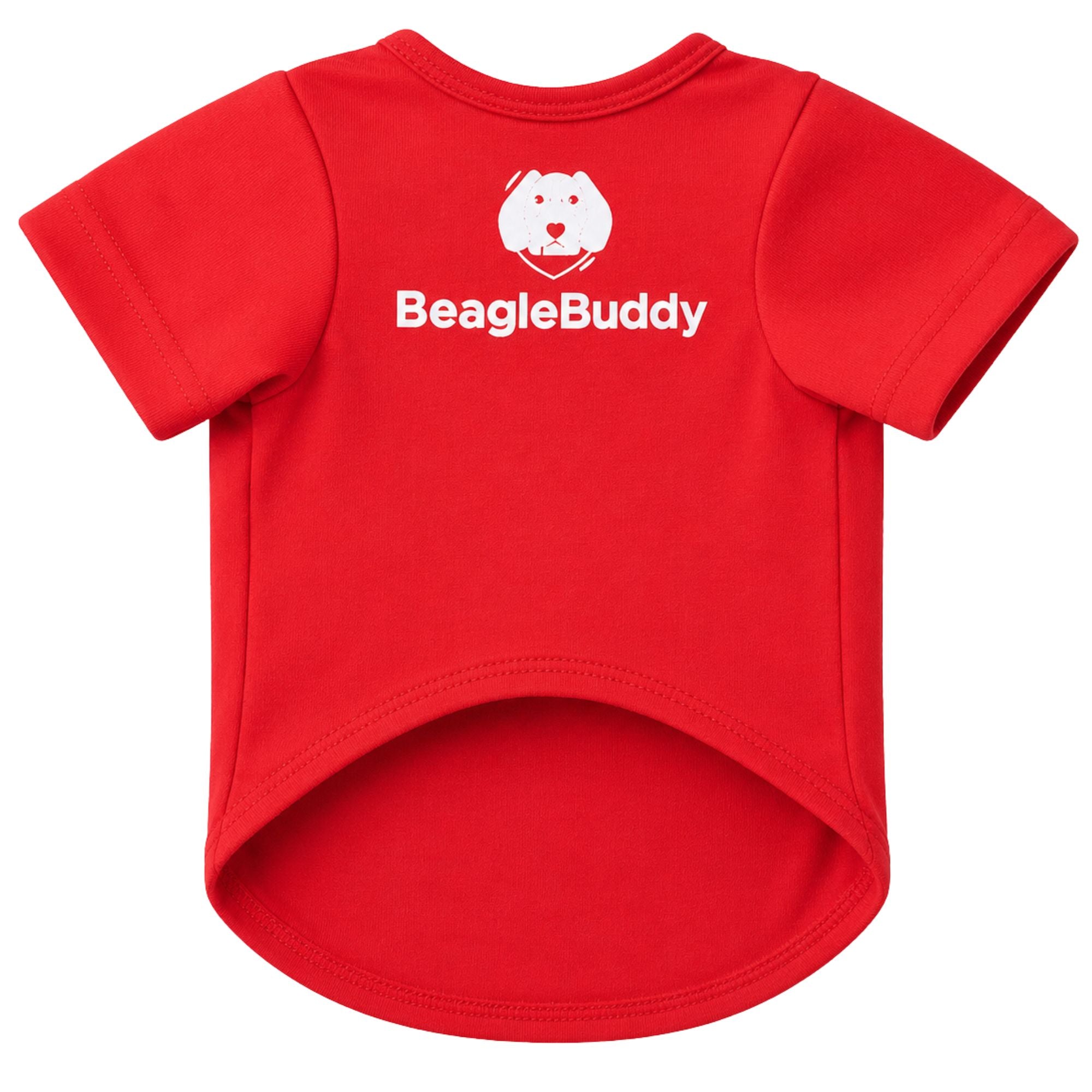 Camiseta estampada para perros BeagleBuddy® color rojo con mensaje "vivo gratis" vista frontal.
