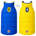 Chaleco impermeable doble faz para perros BeagleBuddy® colores azul y amarillo vista posterior.