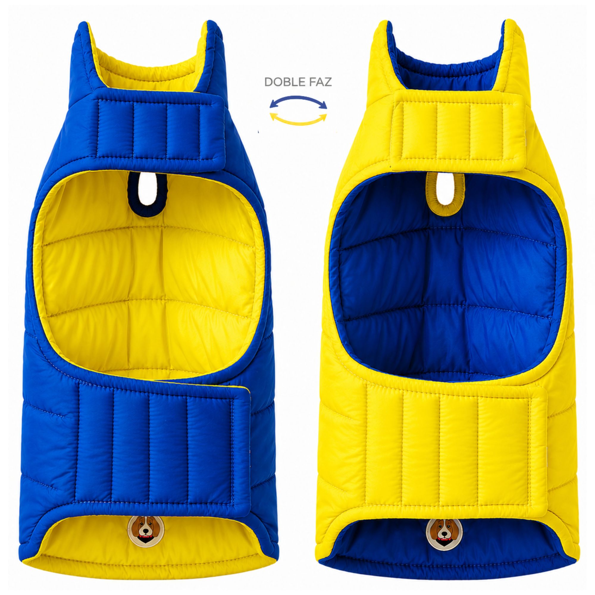 Chaleco impermeable doble faz para perros BeagleBuddy® colores azul y amarillo vista frontal.