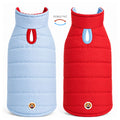 Chaleco impermeable doble faz para perros BeagleBuddy® colores rojo y azul vista posterior.