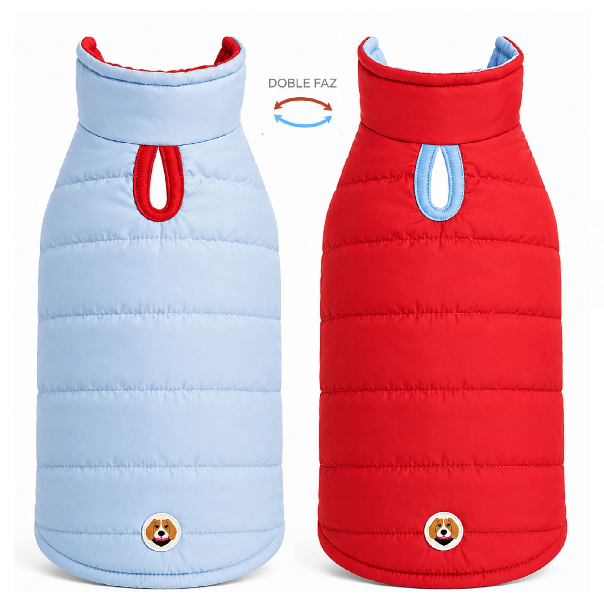 Chaleco impermeable doble faz para perros BeagleBuddy® colores rojo y azul vista posterior.