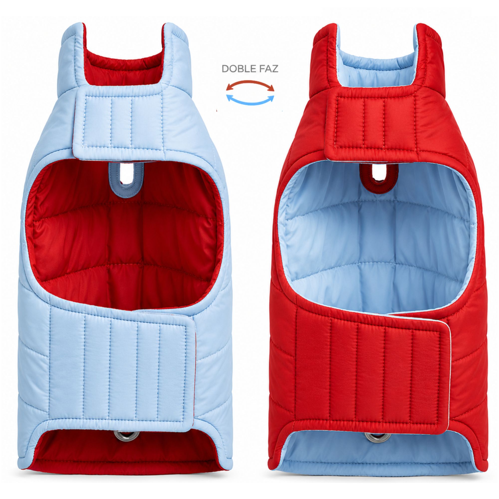 Chaleco impermeable doble faz para perros BeagleBuddy® colores rojo y azul vista frontal.