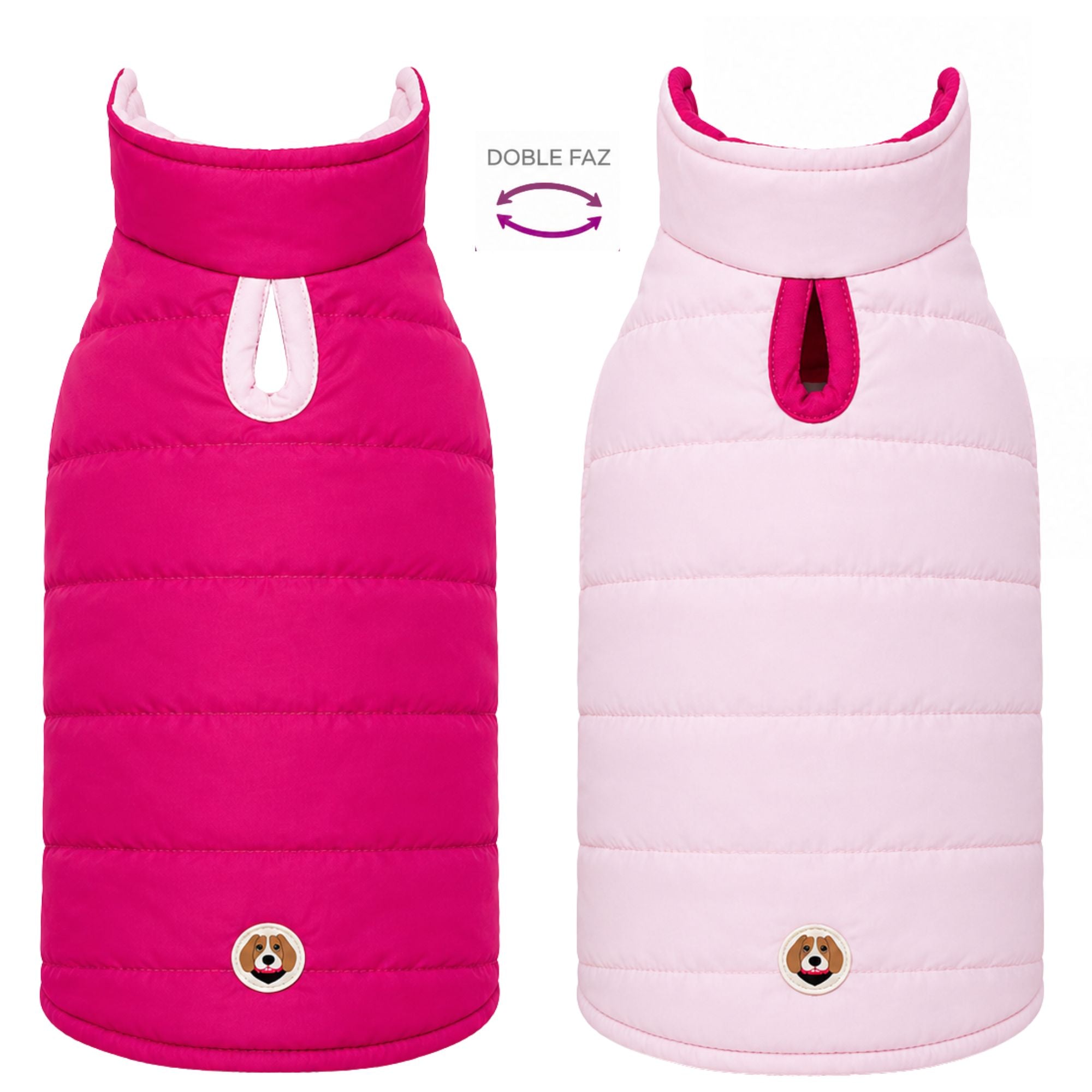 Chaleco impermeable doble faz para perros BeagleBuddy® colores rosado y fucsia vista posterior.