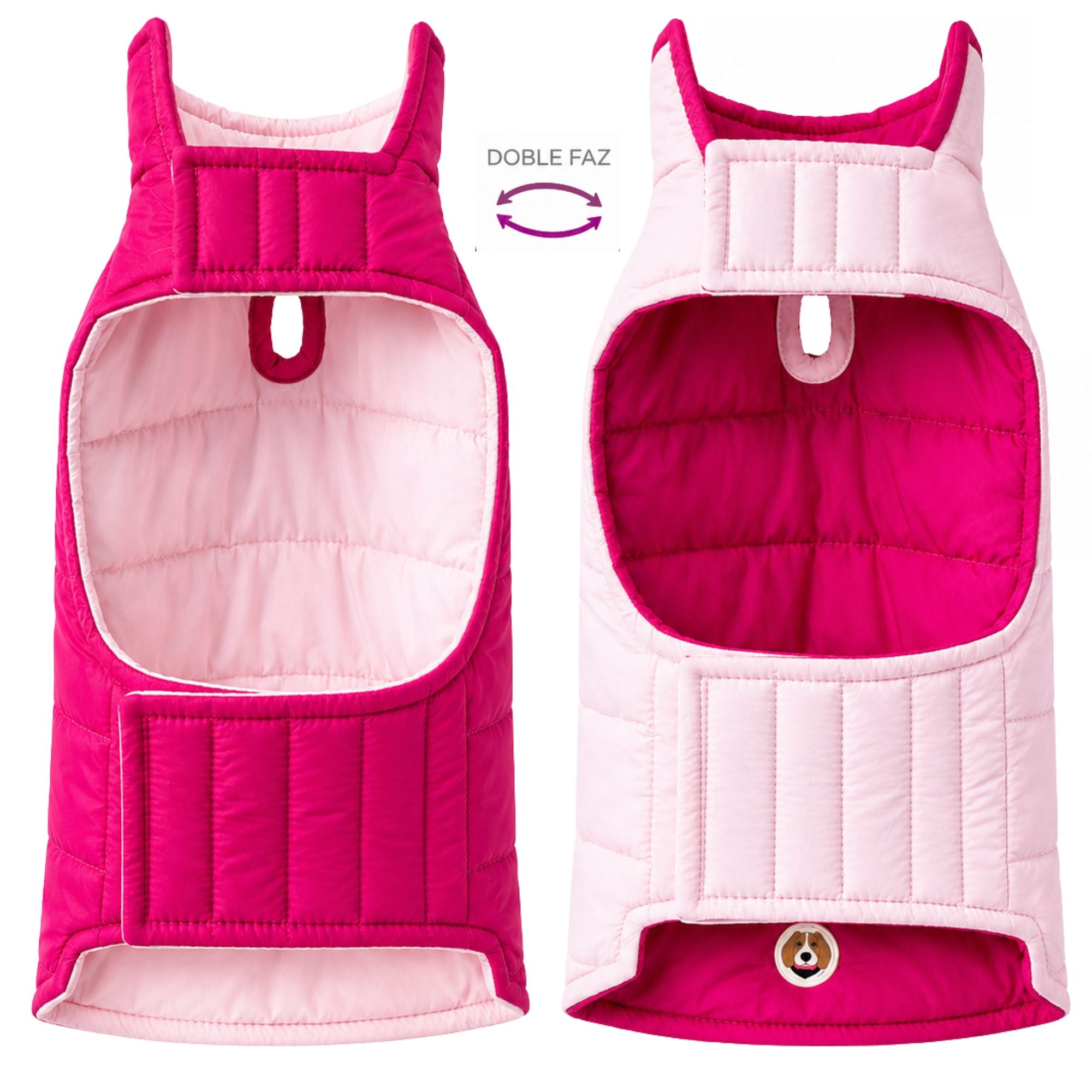 Chaleco impermeable doble faz para perros BeagleBuddy® colores rosado y fucsia vista frontal.