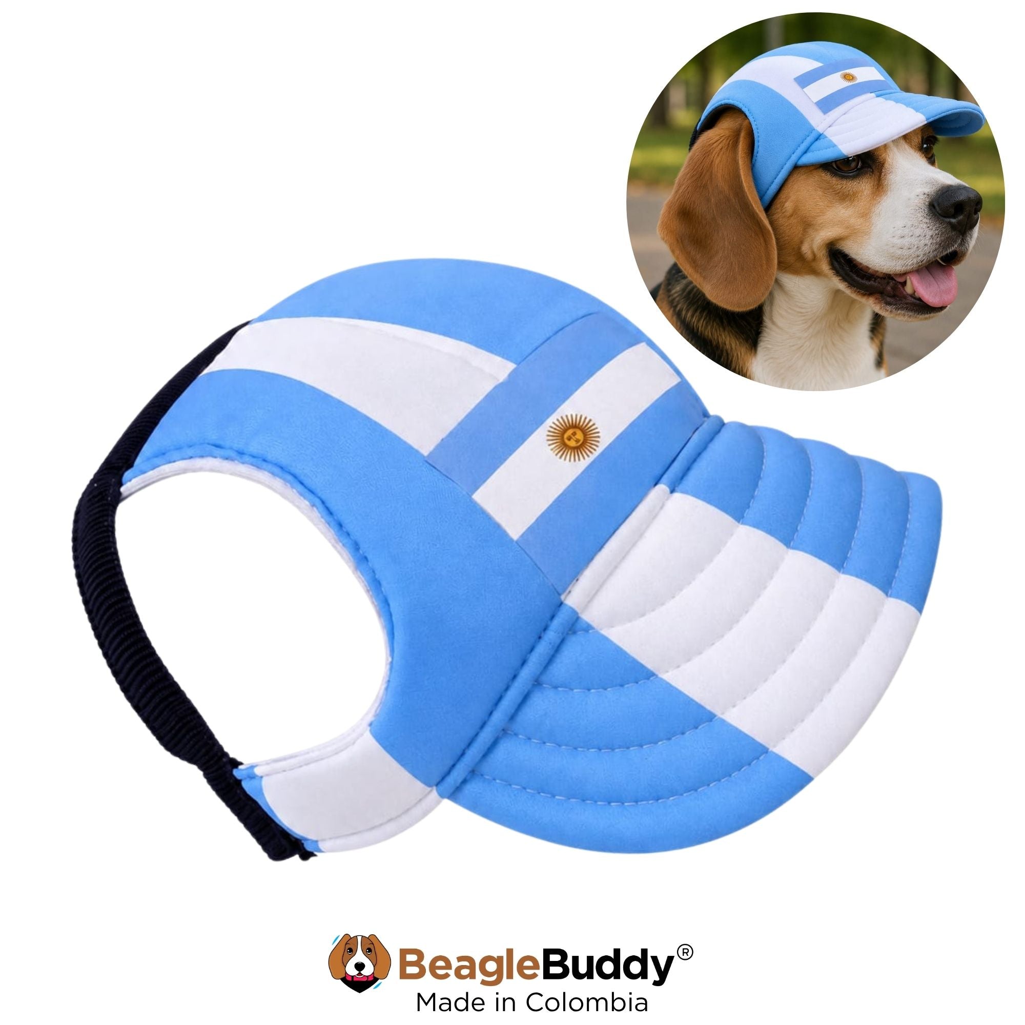 Gorra para perro Selección Argentina BeagleBuddy® azul y blanca con protección solar, ligera y transpirable.