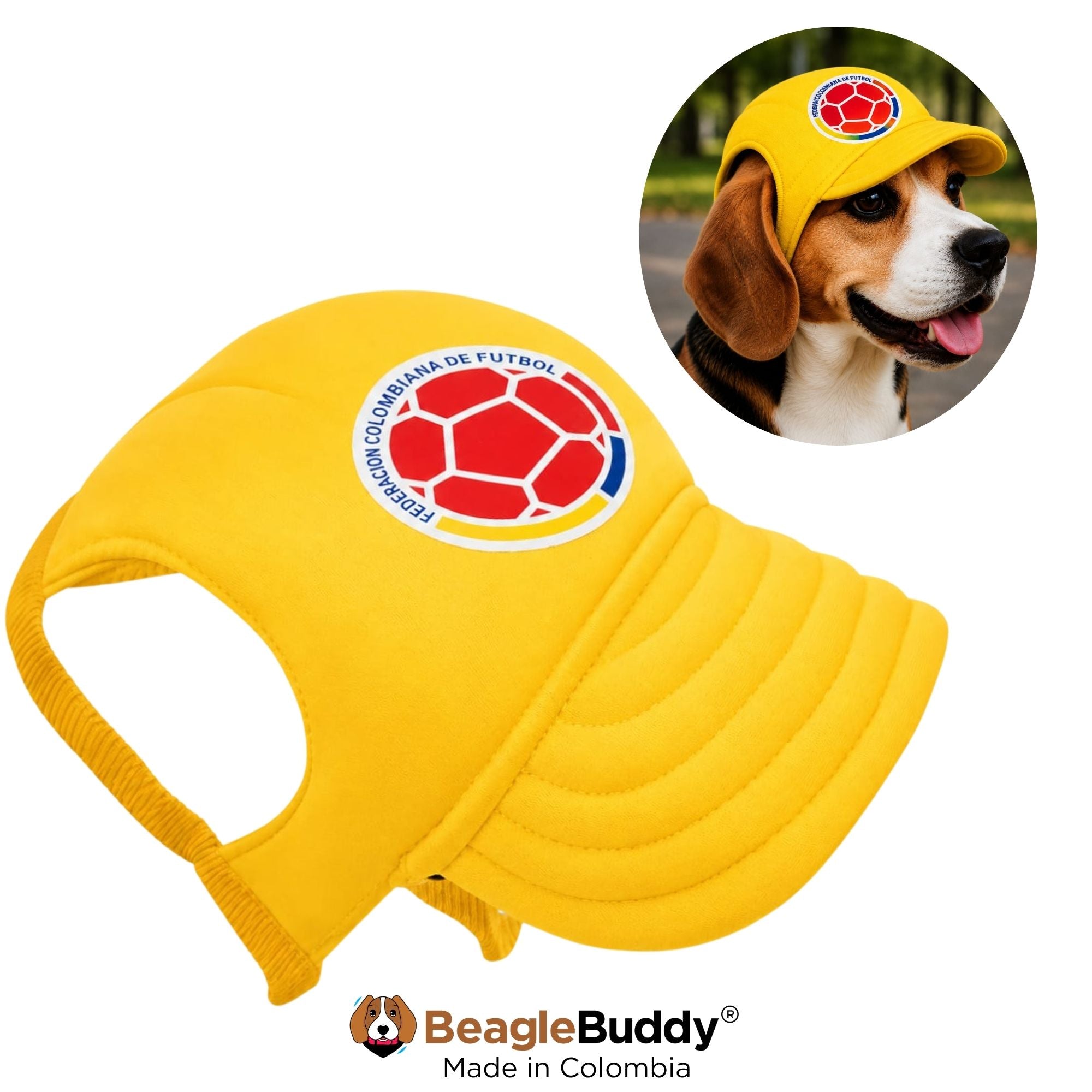Gorra para perro Selección Colombia BeagleBuddy® amarilla con protección solar, ligera y transpirable.
