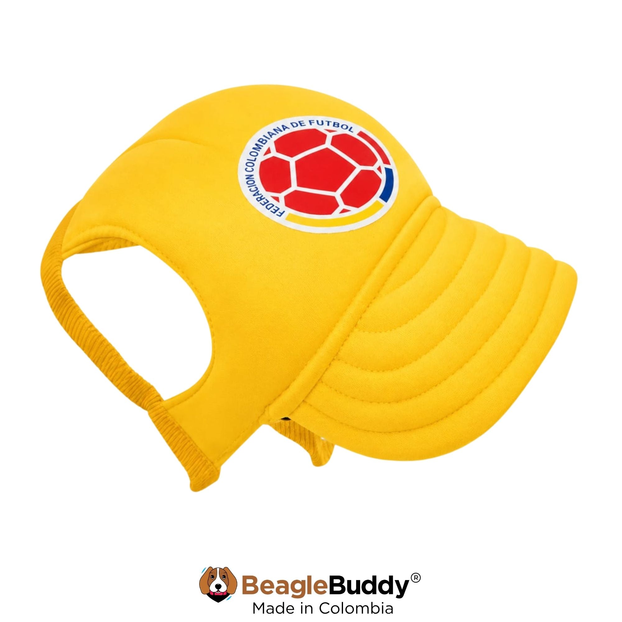 Vista lateral de gorra para perro Selección Colombia BeagleBuddy® con ajuste elástico.