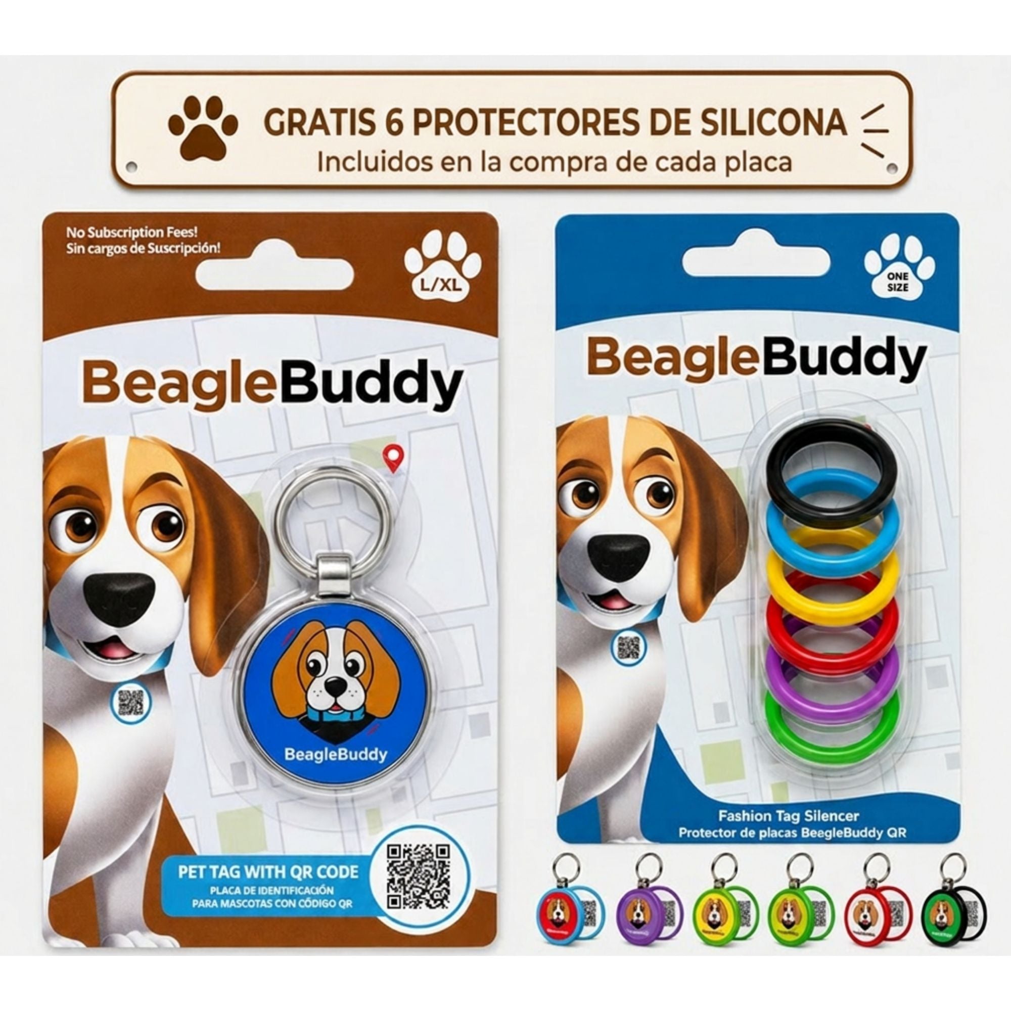 Empaque de la placa QR para perros BeagleBuddy con seis protectores de silicona