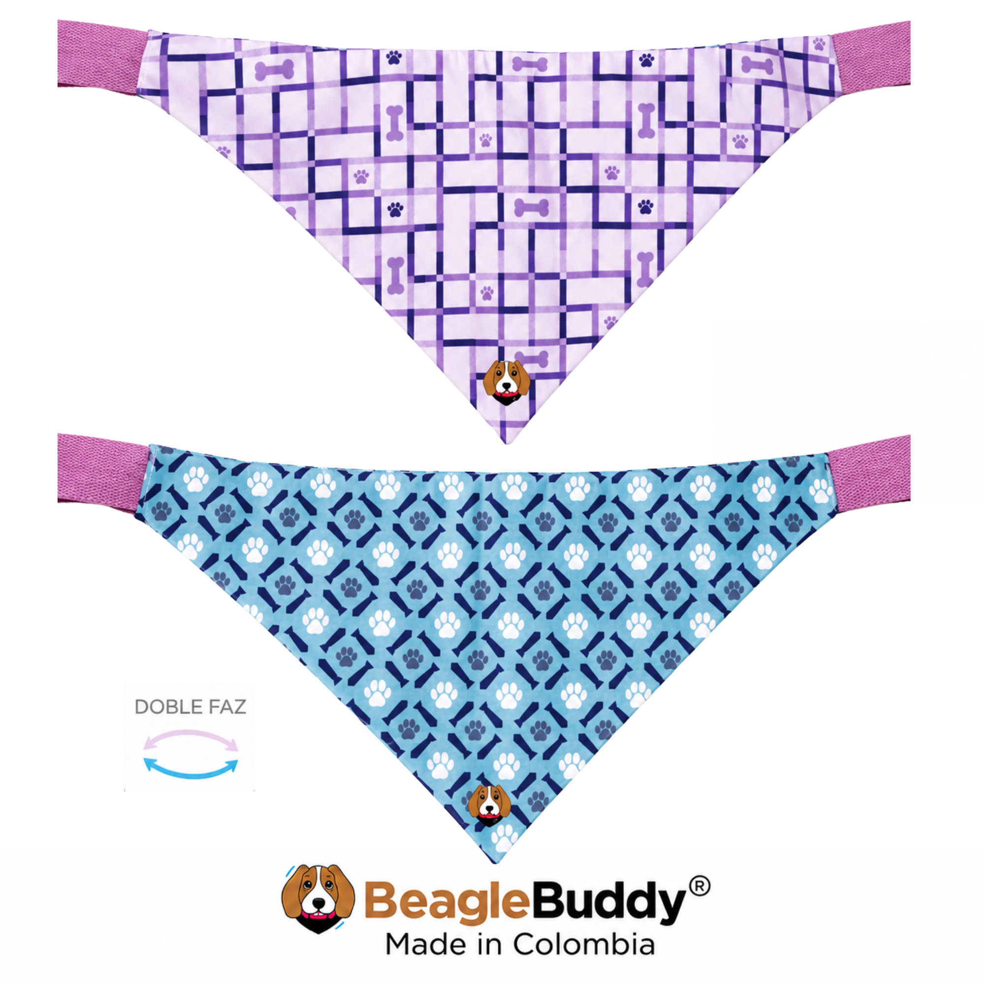 Pañoleta doble faz para perro BeagleBuddy® diseño Pawgrid.