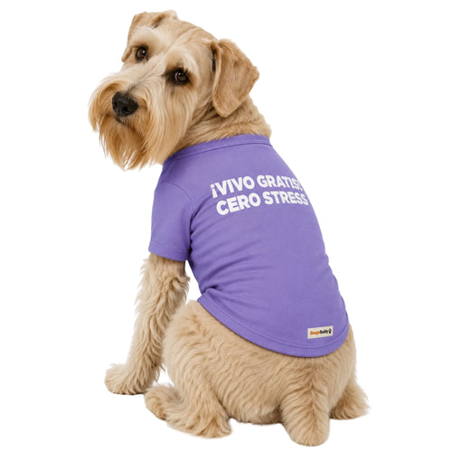 Perro usando camiseta estampada para perros BeagleBuddy® color lila con mensaje "vivo gratis" vista posterior.