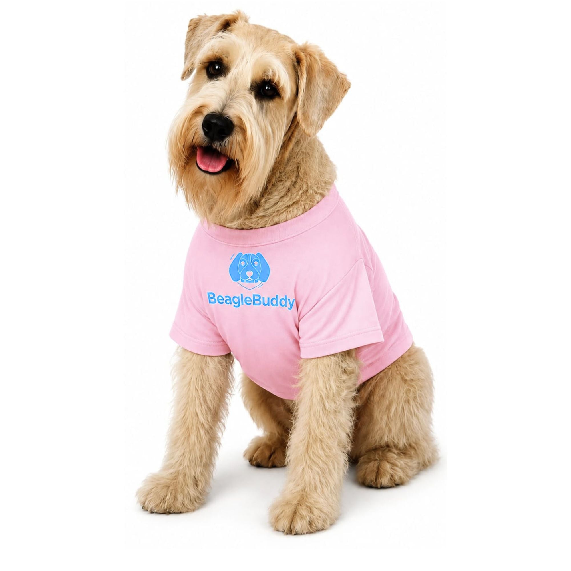 Perro usando camiseta estampada para perros BeagleBuddy® en polialgodón color rosado vista frontal.