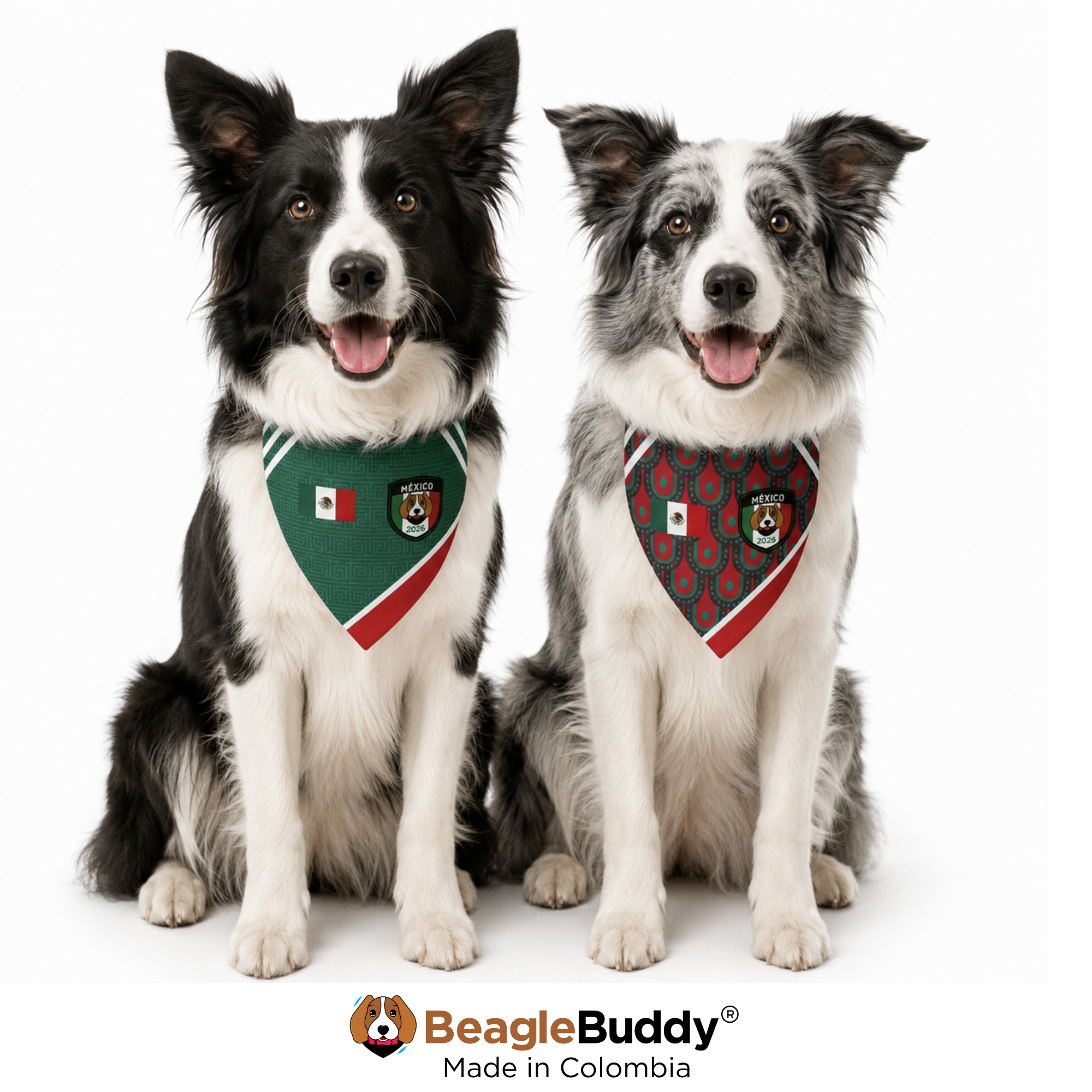 Perros usando pañoleta doble faz para perro BeagleBuddy® diseño Selección México.