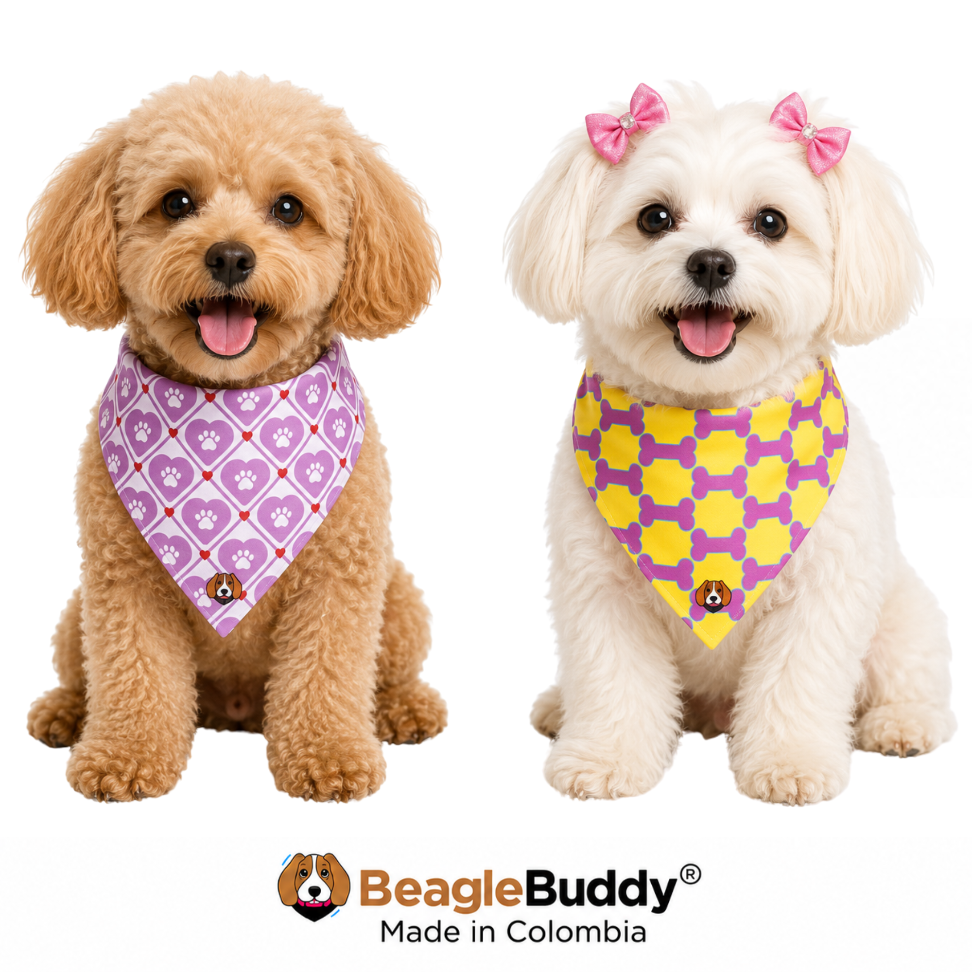 Perros usando pañoleta doble faz BeagleBuddy® diseño Pawhearts.