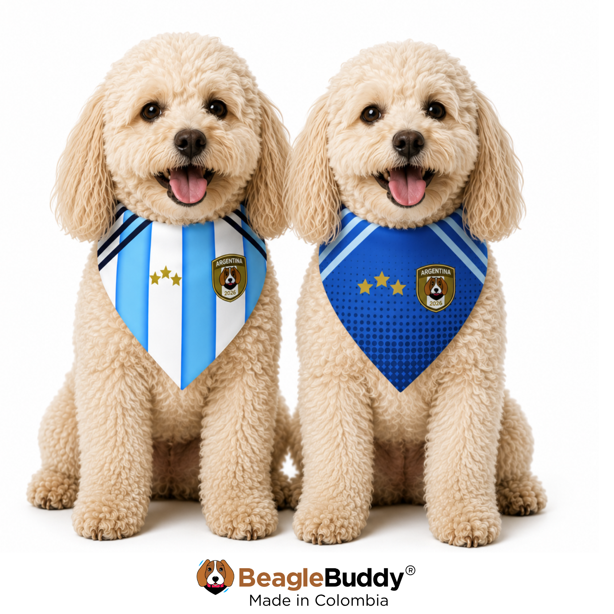 Perros usando pañoleta doble faz para perros BeagleBuddy® inspirada en la Selección Argentina.