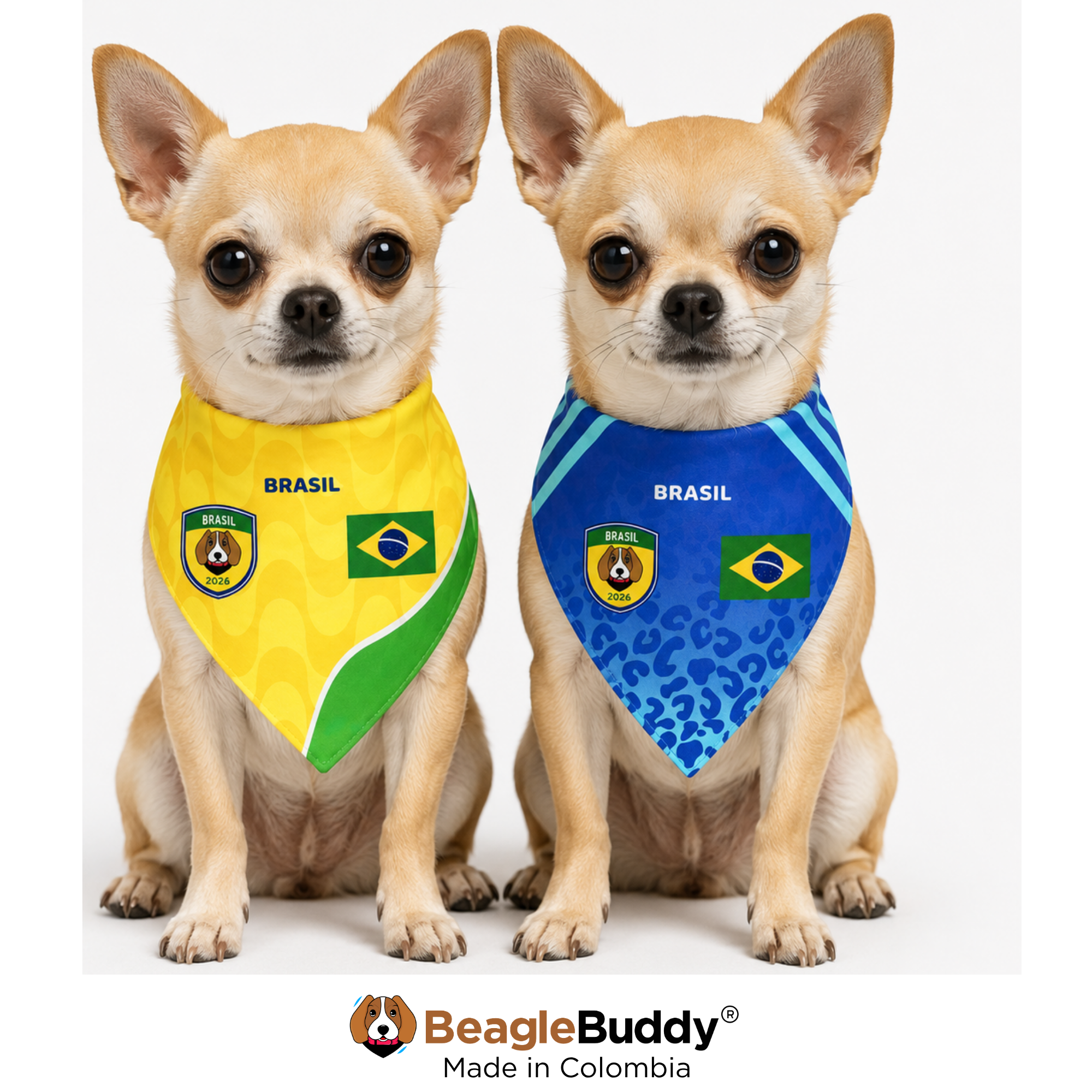 Perros usando pañoleta doble faz para perro BeagleBuddy® diseño Selección Brasil.