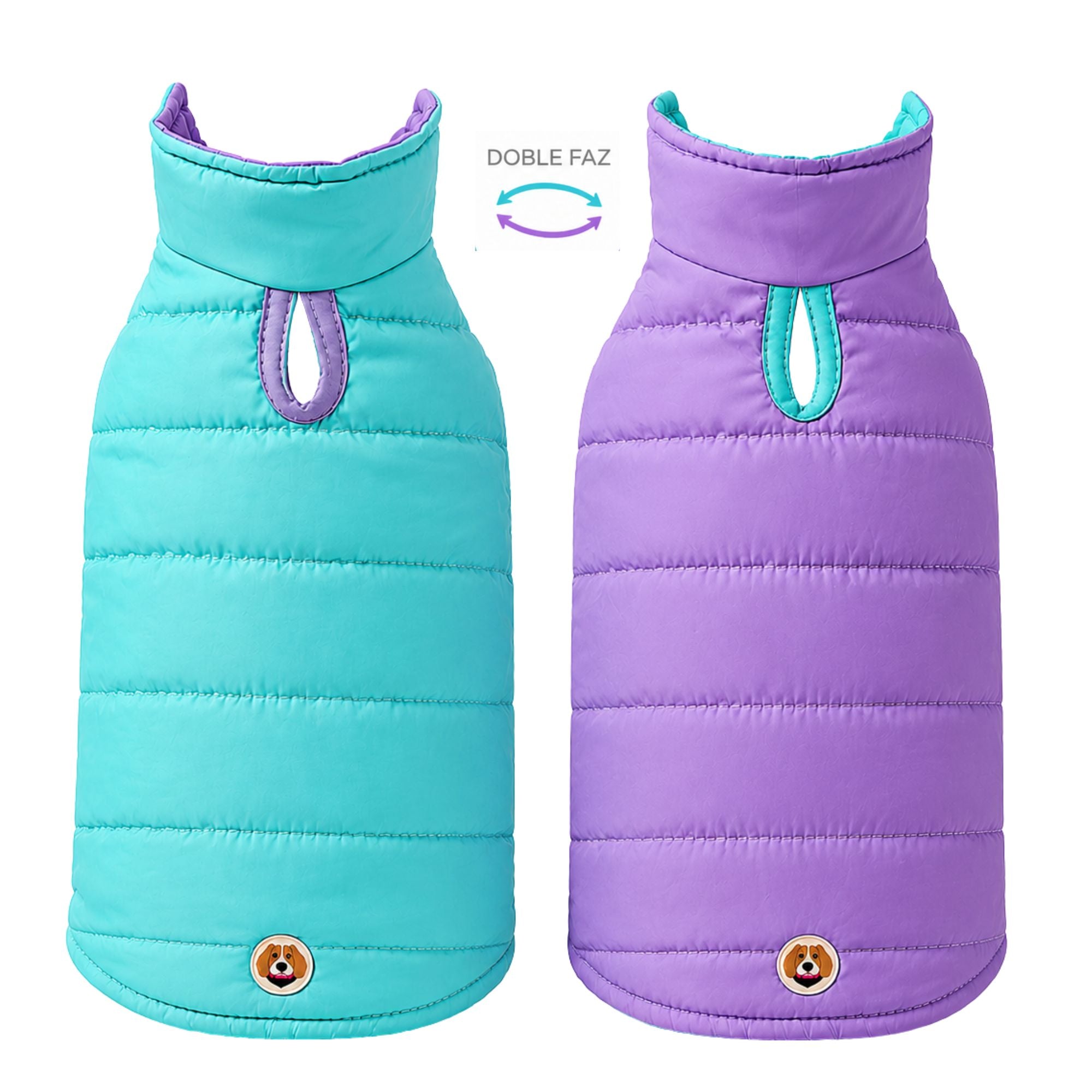 chaleco impermeable doble faz BeagleBuddy® colores lila y menta espalda