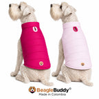 Perros usando chaleco impermeable doble faz BeagleBuddy® color rosado y fucsia