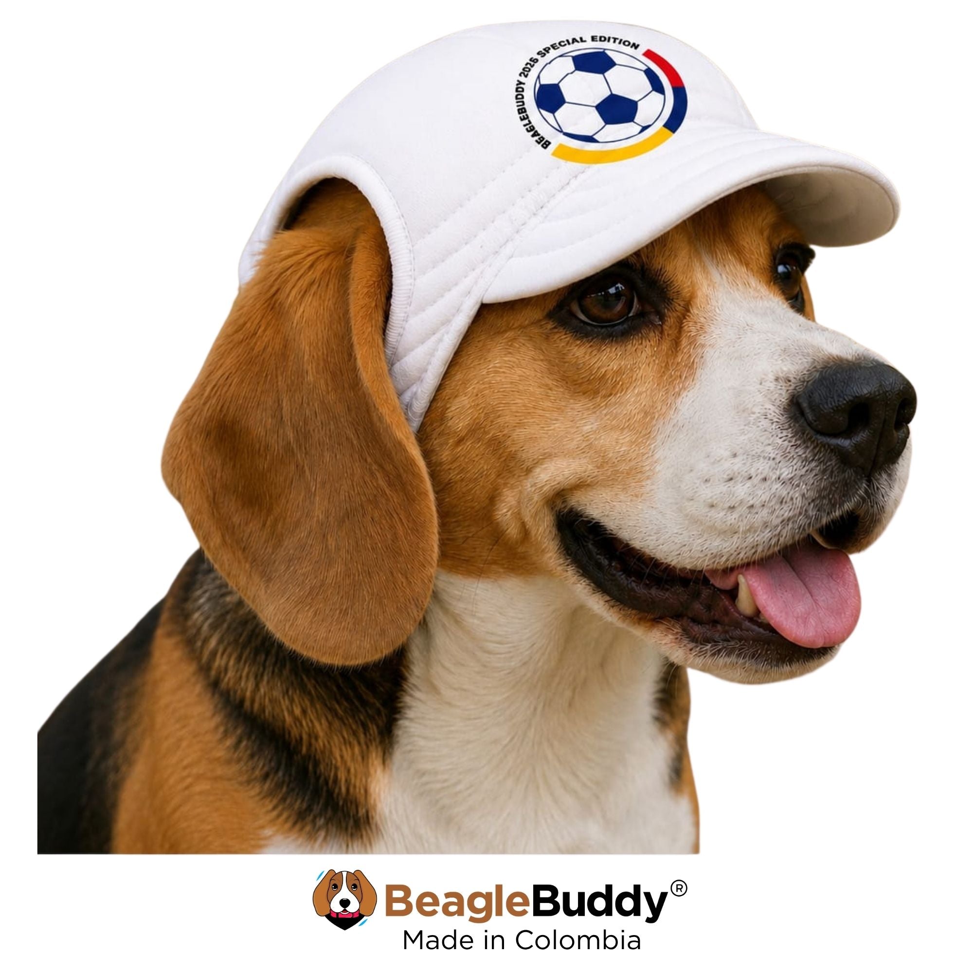 Perro usando gorra para perro BeagleBuddy® diseño Selección Colombia clásica.