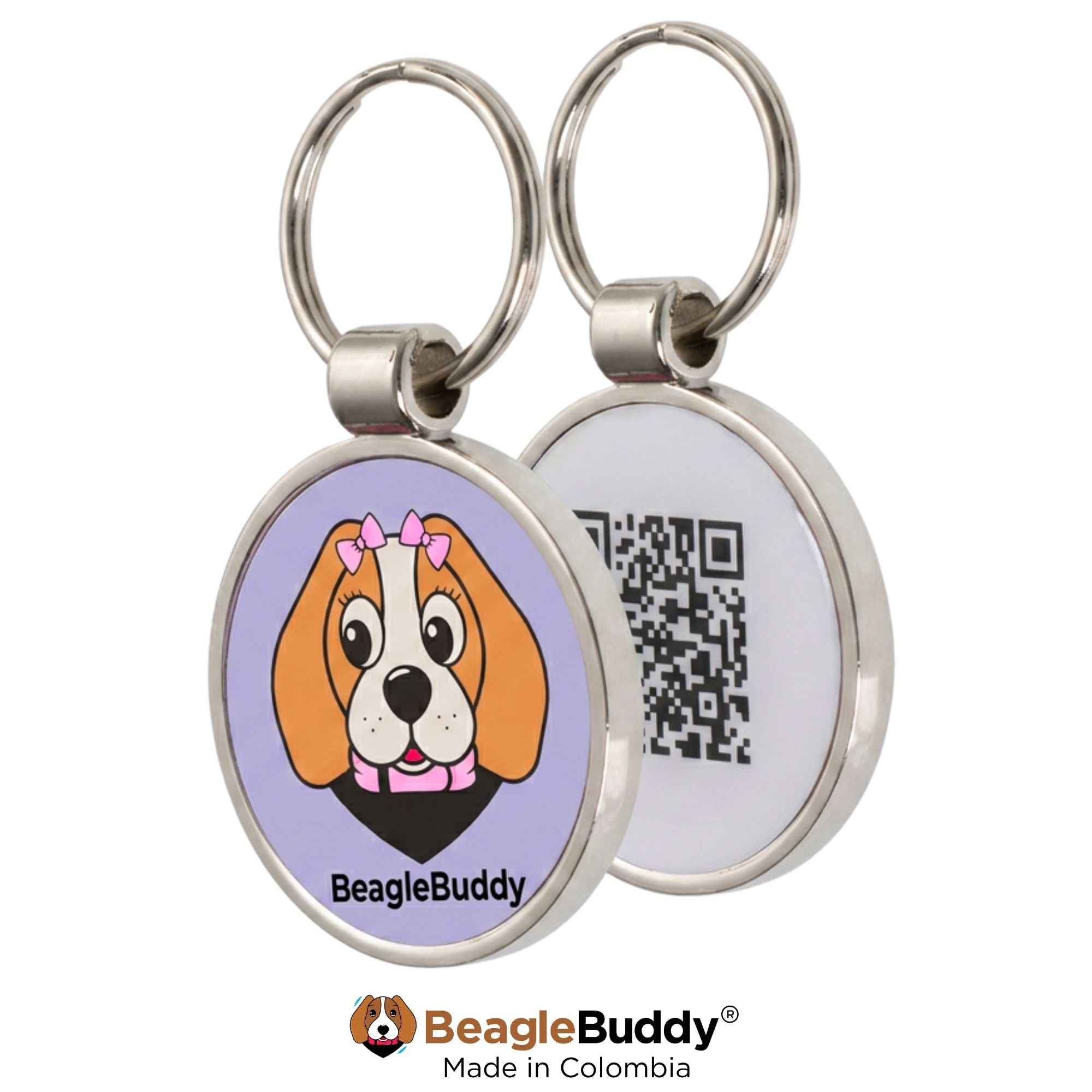 Placa de identificación con código QR lila para perros BeagleBuddy