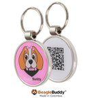Placa de identificación con código QR rosada para perros BeagleBuddy