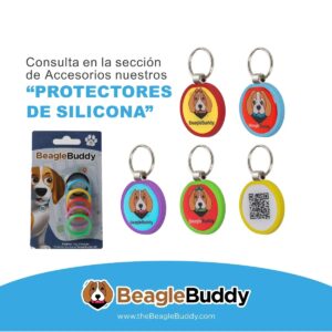 alt="Placas para perros BeagleBuddy con protectores de silicona en diferentes colores"
