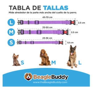 alt="Tabla de tallas para collares reflectivos BeagleBuddy, con medidas en centímetros para tamaños S, M y L"