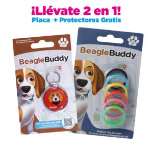 alt="Placa de identificación para perros BeagleBuddy referencia logan color rojo con código QR y protectores gratis"