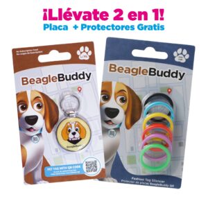 alt="Placa de identificación para perros BeagleBuddy referencia muppy color amarillo con código QR y protectores gratis"