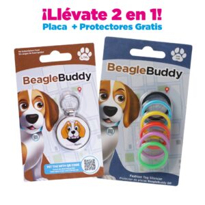 alt="Placa de identificación para perros BeagleBuddy referencia muppy color blanco con código QR y protectores gratis"