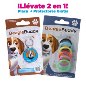 alt="Placa de identificación para perros BeagleBuddy referencia niko color azul claro con código QR y protectores gratis"