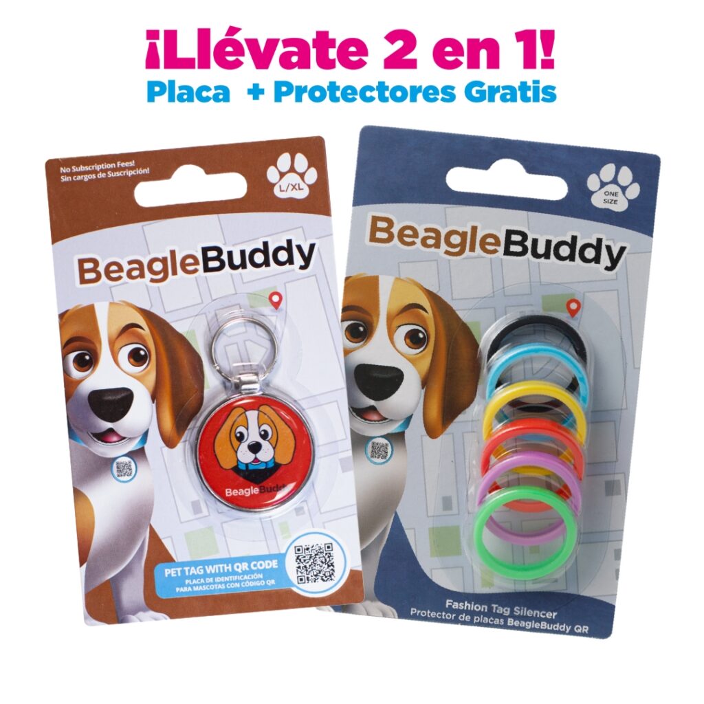 alt="Placa de identificación para perros BeagleBuddy referencia niko color rojo con código QR y protectores gratis"