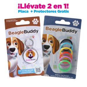 alt="Placa de identificación para perros BeagleBuddy referencia sophia color blanco con código QR y protectores gratis"