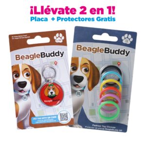 alt="Placa de identificación para perros BeagleBuddy referencia sophia color rojo con código QR y protectores gratis"